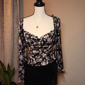 ASTR Floral Black & Purple Satin Top – Size Large